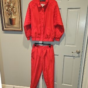 VINTAGE Milano Sport Vibrant Red 100% Silk Jogging Suit Jacket Medium Retro